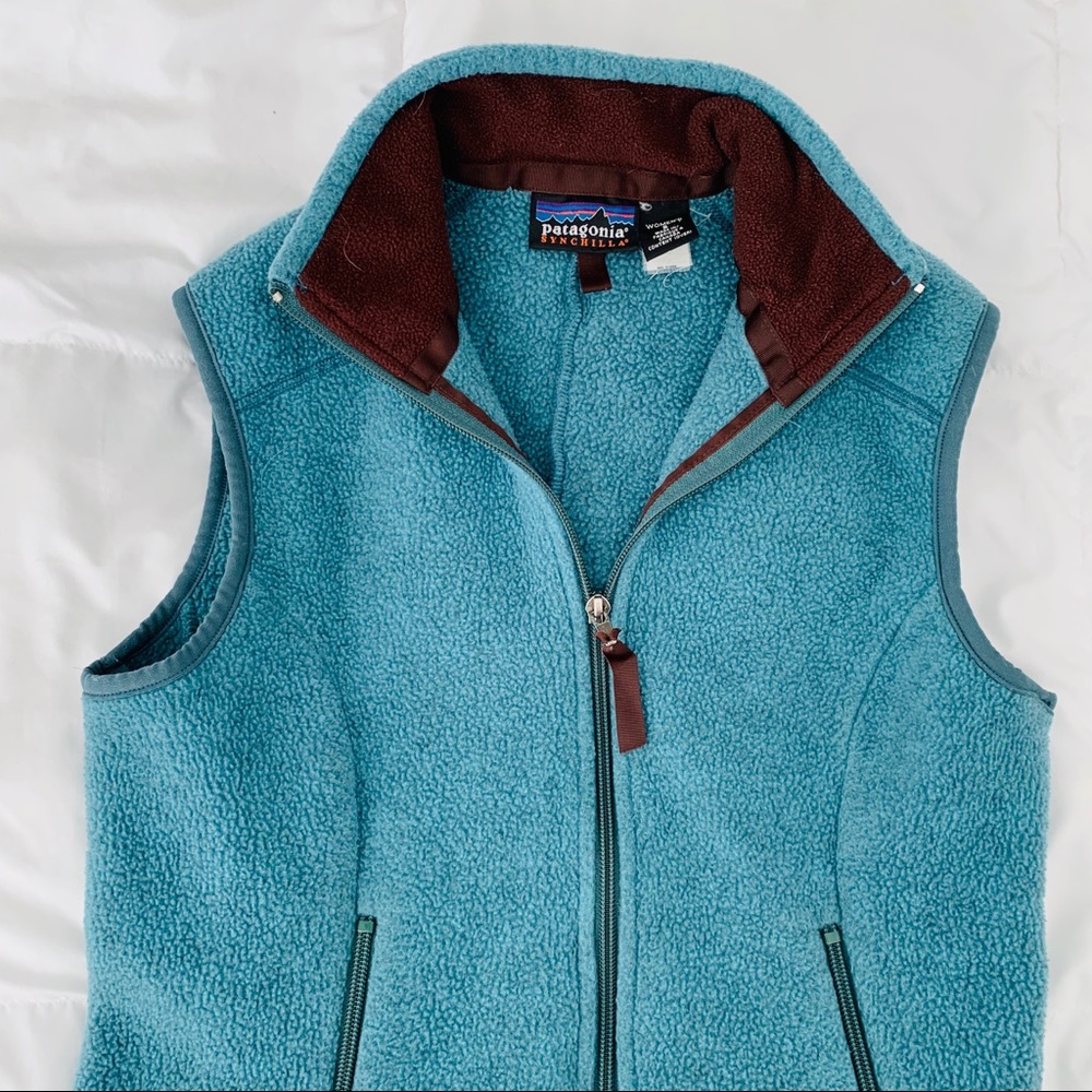 Patagonia Teal Blue Fleece Vest with Brown Lining